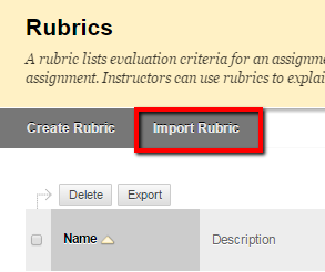 Rubrics page with the Import Rubric button highlighted