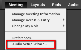 The Meeting menu expanded, with "Audio Setup Wizard" highlighted