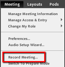 The Meeting menu with "Record Meeting..." highlighted