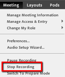 The Meeting menu, expanded with "Stop recording" highlighted