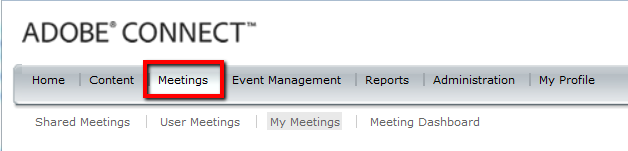 The menu on the Adobe Connect page includes "Home", "Content", "Meetings", "Event Management", "Reports", "Administration", and "My Profile"