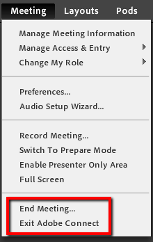 The meeting menu expanded with "End Meeting" and "Exit Adobe Connect" highlighted