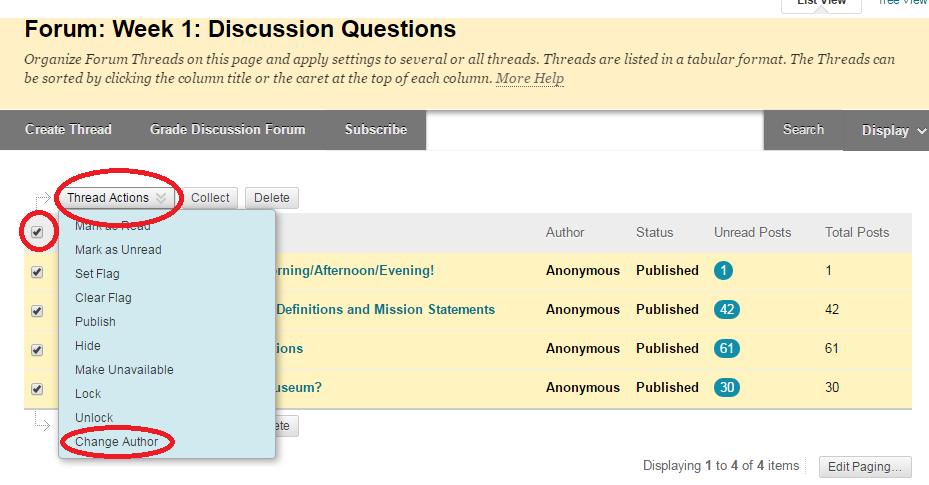 An image of a discussion forum, highlighting where the "change author" option is found.