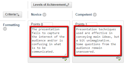 The Optional description box of a rubric highlighted.