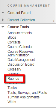 Course Tools menu with Rubrics highlighted in the menu