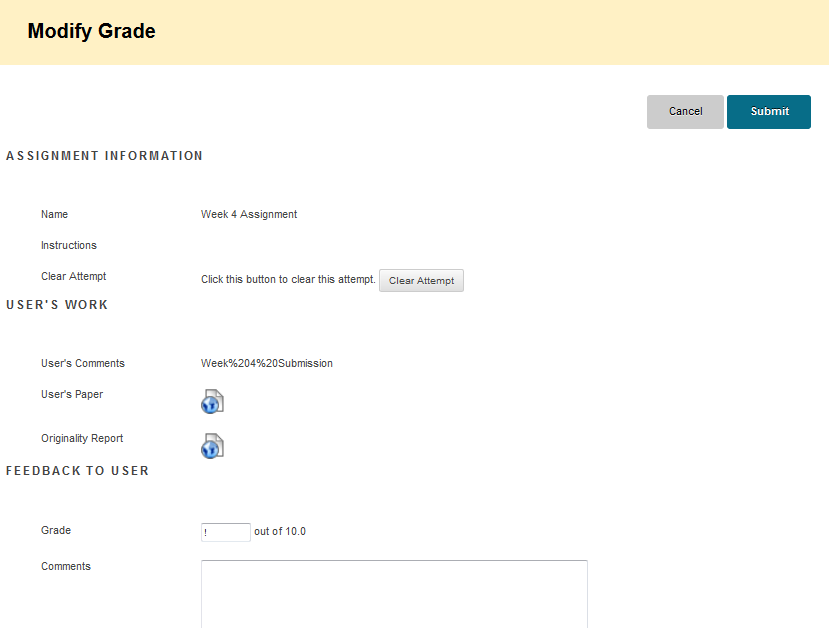Modify Grades page for a TurnItIn submission